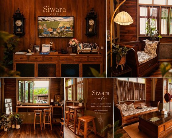 ภายในศิวรา คาเฟ่ บ้านไม้ นาฬิกาโบราณ โซฟาไม้ / Inside Siwara Cafe, antique clock and wooden sofa